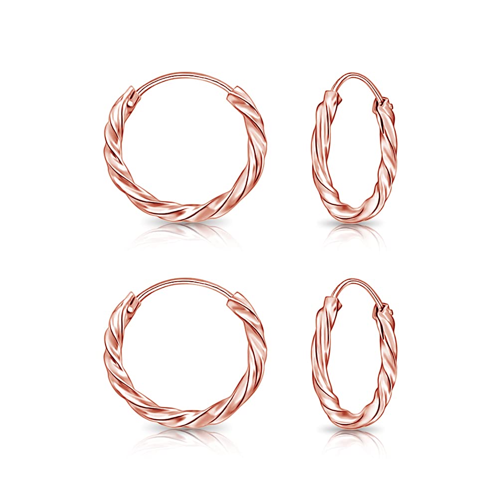 DTPsilver - Set of 2 PAIRS of TINY 925 Sterling Silver Rose Gold Plated Twisted Hoops/Sleepers Earrings - Thickness 1.8 mm - Diameter 10 mm