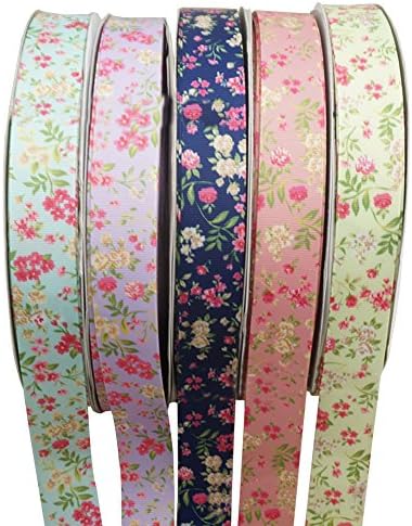 XUKE 5 Colors x 1Yard/each,1"Wide Floral Ribbon JUA479