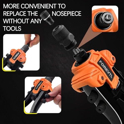 FOREVTL 26cm Rivet Pliers with Reinforced Lever - Professional 5in1 Manual Riveter for Blind Rivets Diameter 2.4 - 6.4 mm - Includes 200 Rivets & 5 Bits - Heavy Duty Metal Repair Tool