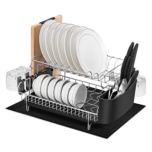 alvorog 2-Tier Dish Drying Rack Large Capacity Dish Rack Microfiber Mat Included Fully Customizable Kitchen Countertop Organizer with Removable Drainboard/Cutlery Cup Holder