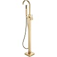 Freestanding Bathtub Faucet Floor Mounted Tub Filler Brushed Gold Single Handle 360 Swivel Standing Spout High Flow Brass Bath Tub Faucets Set
