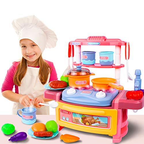 UNIH Kitchen Playset, Kids Play Kitchen for Toddlers Pink 3 4 5 6 7