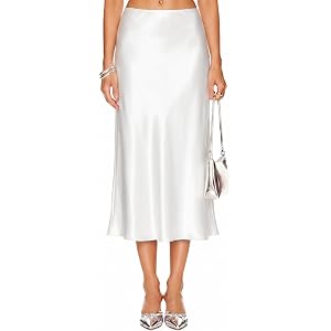 DooMoni Satin Skirts for Women White High Waisted Long Midi Silk Skirt | Polka Dot Print, Leopard, Hidden Elastic Waistband,
