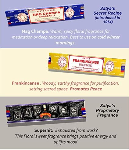 Nag Champa Incense Sticks Selection- Pack (12 Incents, 140+ Sticks) | 100% Unique Handrolled Masala | Satya Incense BNG | For Stress Reduction, Meditation Decor, Religious Decor & Dwelling Perfume Merchandise