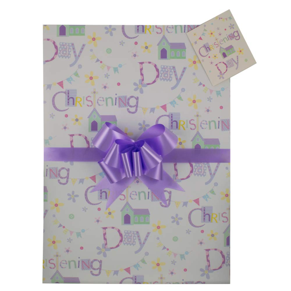 Christening Gift Wrap Pack, Lilac Unisex, Girl, Boy. 2 Wrapping Sheets, 2 Tags and 2 Pull Bows, Arrives in an A4 Boarded Envelope for Protection,