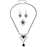 Vintage Gothic Spider Necklace Earring Ring Jewelry Set for Women Halloween Festival Party Crystal Spider Pendant Necklaces Punk Style Open Adjustable Rings Cool Animal Dangle Earrings Fashion Jewelry