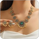 Bethynas Indian Jewelry Set for Women Boho Gold Crystal Flower Choker Necklace Retro Dangle Drop Earrings Traditional Bridal Wedding Belly Dance Accessories Set