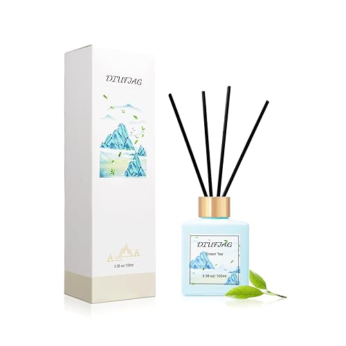 Green Tea Reed Diffuser Set with 8 Black Fiber Sticks,100ml Scent Diffuser for Home Shelf Decor,Last Up 60 Days