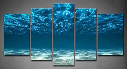 5 Panel Wall Art Blue Ocean Bottom View Beneath Surface Painting The Picture Print On Canvas Seascape Pictures For Home Decor Decoration Gift piece (Stretched By Wooden Frame,Ready To Hang)