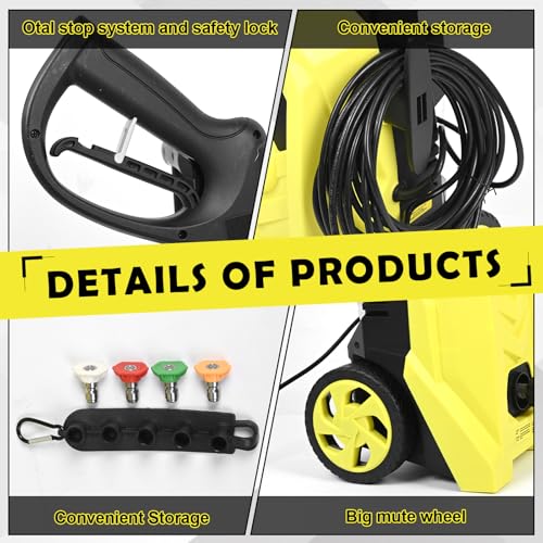 4500 Max PSI 1.76 GPM 14.5-Amp Electric High Pressure Washer 1800W for Cars Fences Driveways Patios with 4 Interchangeable Nozzles, Foam Cannon and Hose Reel, Yellow