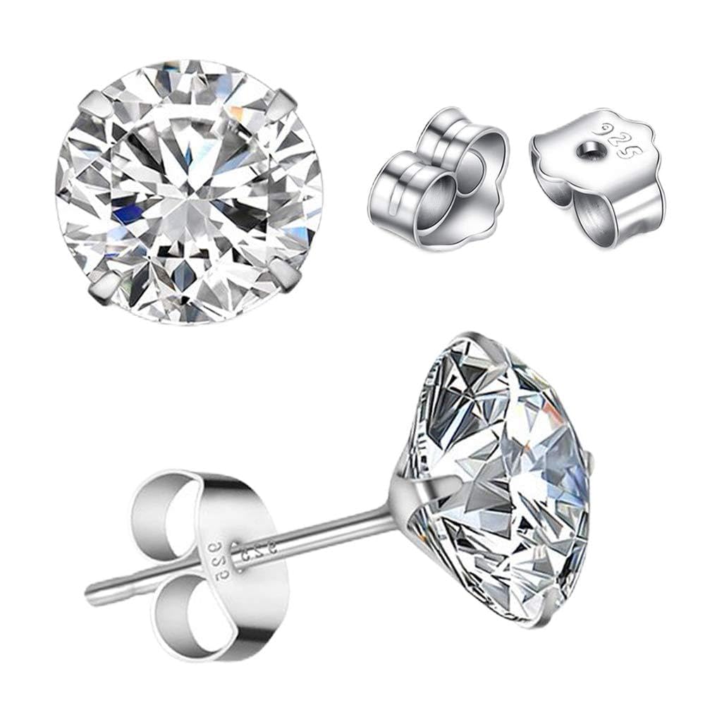 TTVOVO 925 Sterling Silver Stud Earrings Princess Cut Cubic Zirconia Sparkling Simulated CZ Diamond Earrings for Women Men Round 4 Prong Ear Studs Piercing Earrings Hypoallergenic Jewelry Gifts, 4MM