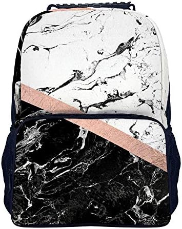Chic Black White Marble Color Block Rose Gold Shoulders Backpack Durable Two Mesh Side Pockets Travel Backpack For Boys And Girls