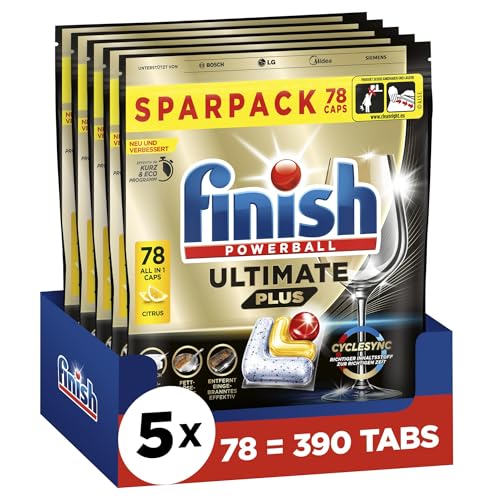 Finish Ultimate Plus Citrus Spülmaschinentabs - Geschirrspültabs für intensive Reinigung, Fettlösekraft und Glanz - Sparpack mit 390 Tabs (5 x 78 Tabs