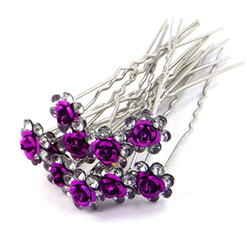 5starwarehouse® 10x Bridal Wedding Prom Silver Crystal Diamante Rose Flower Hair Pins Clips Grips (Purple)