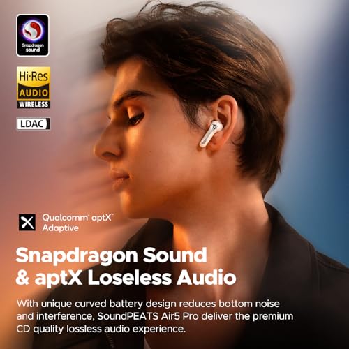 SoundPEATS Air5 Pro Wireless Earbuds with Adaptive Hybrid Noise Cancellation, Bluetooth 5.4 with Qualcomm Snapdragon Sound, 6 Mics aptX Lossless, LDAC LC3 Hi-Res Audio Bluetooth Earphones, 37H, APP