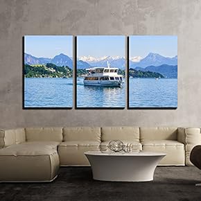 3 Piece Canvas Wall Art - Cruise Ship in Front of Snow Covered Alps Mountains Peaks on Lake Lucerne - Modern Home Art Stretched and Framed Ready to Hang - 16"x24"x3 Panels