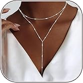 HERIER Lariat Gold Necklace for Women, Dainty Long Necklace 14k Gold Plated/Silver Y-Shaped Layered Beaded Chain Drop Necklaces for Women Trendy Simple Gold Jewelry for Women Gifts