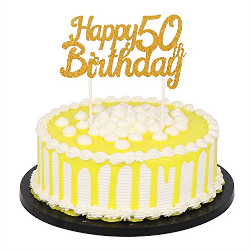 PALASASA Single Sided Glitter Happy Birthday Cake Toppers Decorations Tool Party Supplies (50th Gold) - Thumbnail 4