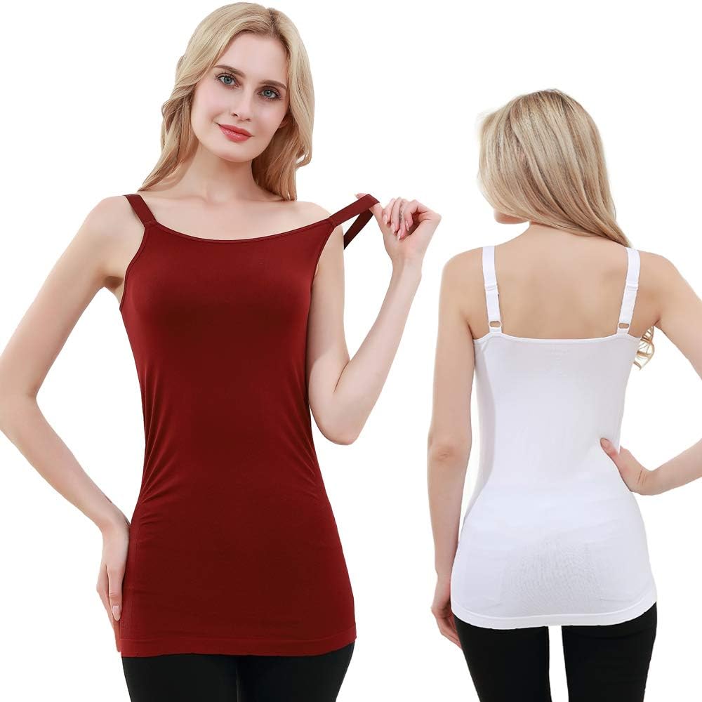 Mirachia Women Tank Top Adjustable Spaghetti Strap Cami 2pcs and Plus Size Long Camisole Basic