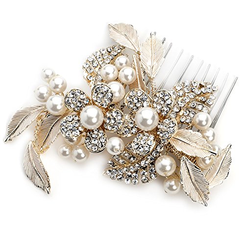 USABride Pretty Gold-Tone Simulated Pearl Flower Comb, Bridal Hair Accessory 2233-G