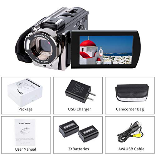 Camcorder Digital Video YouTube Vlogging Camera Recorder Full HD 1080P 15FPS 24MP 3.0 Inch 270 Degree Rotation LCD 16X Digital Zoom Camcorder with 2 Batteries