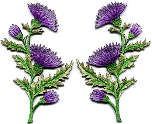 Lavender carnation spray thistle pair flowers floral bouquet embroidered appliques iron-on patches pair new