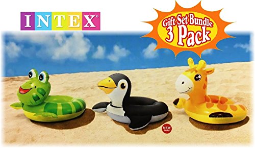 Intex, 43234-2327 3 Pack 59220EP - Animal Head Split Ring Pool Floats Bundle Includes Frog, Duck, Penguin, Giraffe, Frog, Penguin (Style May Vary)