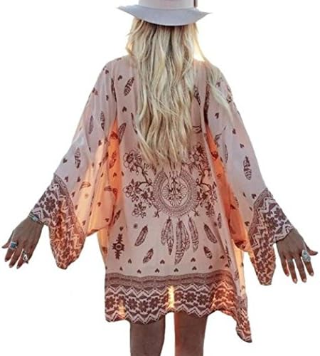 Qisc Womens Cardigan Women's Vinrage Floral Print Sheer Chiffon Loose Kimono Cardigan Capes Tops Blouse Suncreen (US Size: 10, Pink)