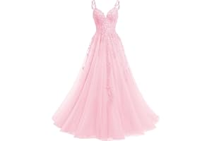 YMSHA V Neck Tulle Prom Dresses 2026 Long Sparkly Lace Formal Party Dress CLN011