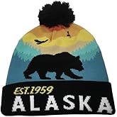 Alaska Beanie Knit Hat Color Sunset Black Bear with Pom Pom Yellow Orange Aqua Steel Blue White