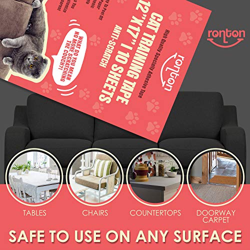 Ronton Cat Scratch Deterrent Tape - 12 in X 17 Anti Scratch Tape for Cats | 100% Transparent Clear Double Sided Training Tape | Pet & Kid Safe | Furniture, Couch, Door Protector (10 Sheet) - Thumbnail 3