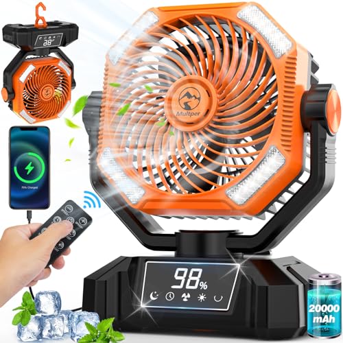 Camping Fan with LED Light, 20000mAh Rechargeable Automatic Vibration Fans for Outdoor Camping Tent with Remote, 5 Speed USB Desk Fan for Fishing, Picnic