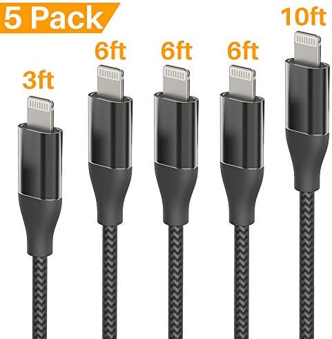 Lansen Charger Cables 5Pack 3FT 6FT 6FT 6FT 10FT to USB Syncing and Charging Cable Data Nylon Braided Cord Charger Compatible with iPhone X/8/8Plus/7Plus/6/6s/6Plus-Black Silver05