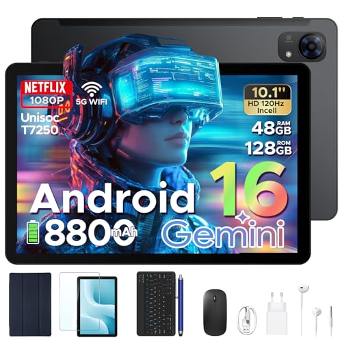 P10 Pro Tablet 10 Pulgadas, Tablets Android 16 con 120Hz Display, 8800mAh, 48GB+128GB/2TB, T7250 Octa-Core, Widevine L1, Gemini AI, 13MP+5MP, Auriculares 3.5mm, Tablet con Teclado y Lápiz, Negro