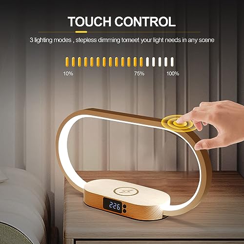 TERRIFI Bedside Lamp with Wireless Charger, LED Desk Lamp with USB Port, Touch Control Table Lamp with Clock, Ideal for Bedroom Nightstand, Dimmable & 3 Colors Temperatures, Modern Home Office Decor