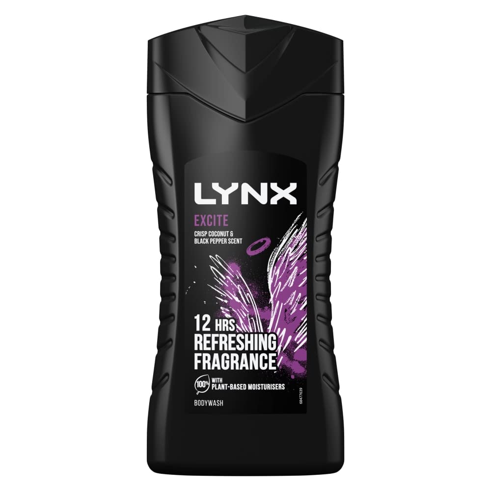 Lynx 12 Hour Refreshing Excite Crisp Coconut and Black Pepper Body wash for Feeling Clean and Fresh with Plant-based Moisturisers 225ml