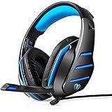 Gaming Headset, PS4 Headset, Xbox One Headset, LOL-FUN Wired 3.5mm Stereo Bass Gaming Headphones Over-ear with Mic LED Light Volume Control Splitter for PC Laptop Tablet Phone (Black and Blue)