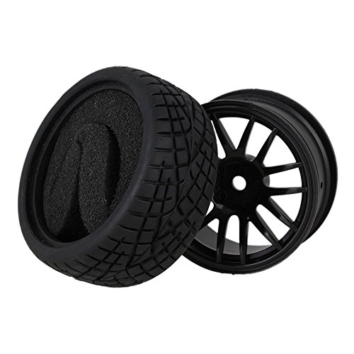 Mxfans 12mm Hex Black Plastic 14-Spoke Wheel Rims & Black Fish Pattern Rubber Tires for RC 1:10 On Road Racing Car Pack of 4