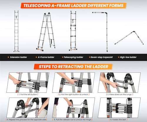 Escalera Telescópica Tipo A,Escalera Extensible de Aluminio Compacto de 5M, Escalera Telescópica Portátil para Autocaravana para Viajes al Aire Libre Con Barra Estabilizadora,Capacidad de 150KG