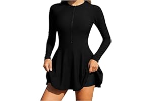 Womens Rash Guard Long Sleeve Modest Swimsuits 2 Piece Zipper Bathing Suit Swim Dress with Shorts Surfing Swimwear