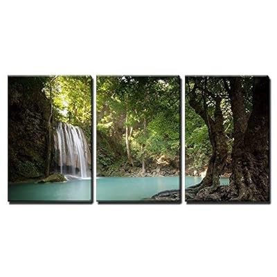 3 Piece Canvas Wall Art - Sunlight Beams and Rays Shine Through Leaves of Trees in Tropical Rainforest Park - Modern Home Art Stretched and Framed Ready to Hang - 24
