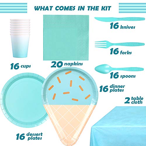 Partybus Party Supplies Set - Serves 16, 118 Ct, Sky Blue Ice Cream Theme Party Disposable Tableware Kit for Boys Girls Kids Birthday Decorations, Includes Dinner Plates, Dessert Plates, Napkins, Cups, Table Cloth, Silverware - Thumbnail 2