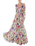 Haoyihui Vintage Style Chiffon V Neck Puff Pleated Wrap Long Maxi Full-Skirted Dress