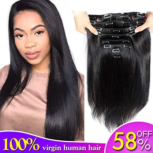 Brazilian Virgin Human Hair Grade 8A Straight Clip In Hair Extensions for Black Women 120g 10Pcs/set for Full Head Thick Double Weft 1B Natural Black Alina Hair (16)