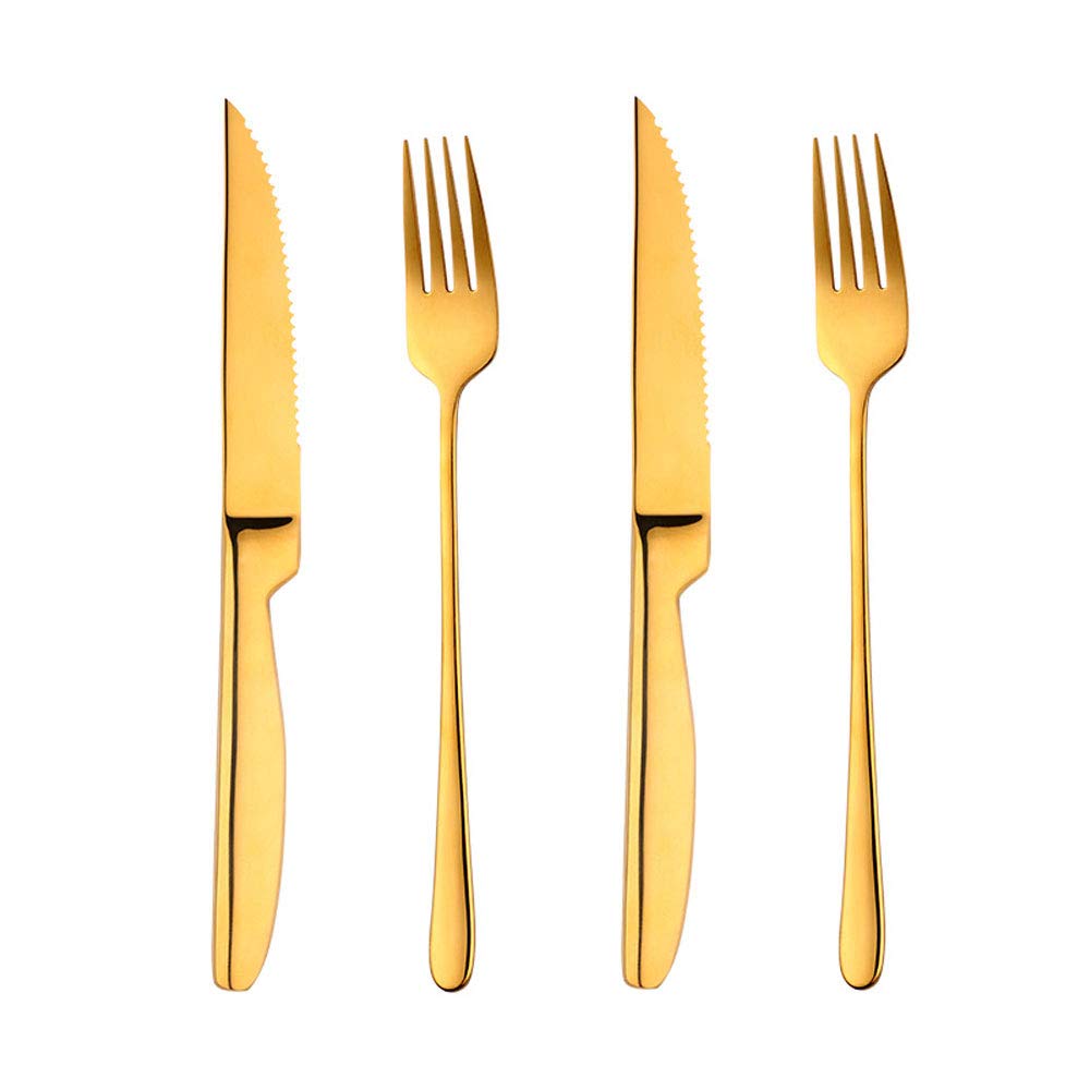 BISDARUN Steak Cutlery Set - Gold Serrated Steak Knives X2 & Dinner Forks X2, Stainless Steel, Dishwasher Safe