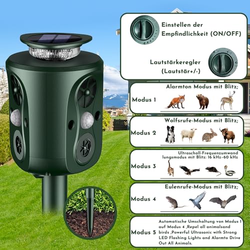 Ultrasonic Solar Cat Deterrent, 360 Degree Cat Deterrent for Garden, 5 Modes, Adjustable Marten Deterrent, Animal Repellent, 10 m Mader Repellent for Marten Cats Raccoon Dogs Birds Mice