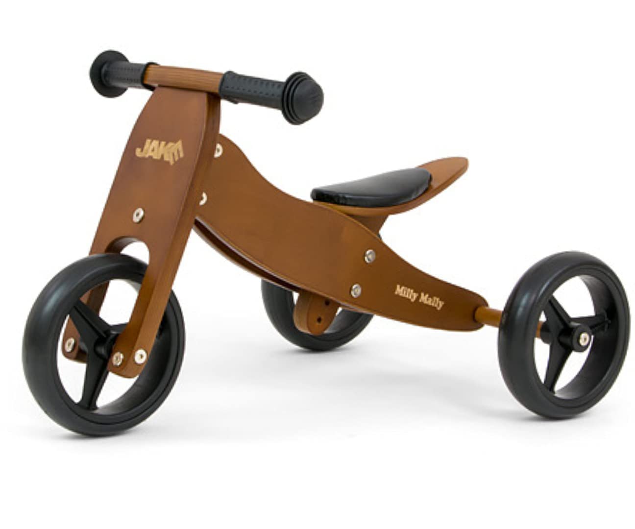 Milly Mally Jake Balance Bike with Two or Three Wheels, Wooden Balance Bike from 1 to 3 Years (Dark Brown)