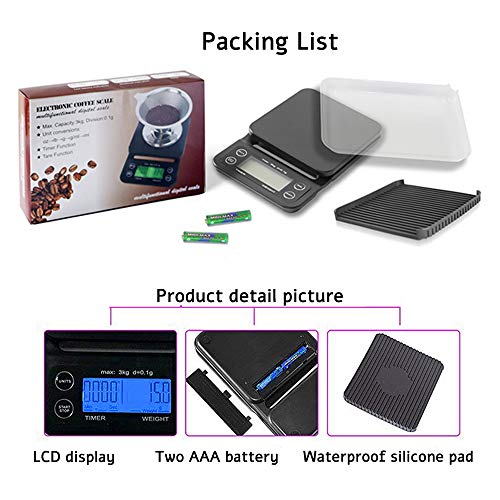 YYGJ Coffee Scale with Timer,Digital Kitchen Food Scale for Cooking Baking Electronic Weighing 6.6lb/3kg 1g Precision Sensors Black Batteries Included