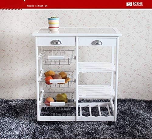 Kitchen storage cart with dimensions, 3 drawers, 1 rack, wheels, and a basket priced at $79.99.