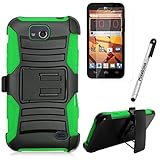 ZTE MAVEN CASE, Phonelicious® For ZTE MAVEN / OVERTURE 2 / FANFARE Xtreme Heavy Duty Hybrid Armor Dual Layer Rhino Kickstand Belt Holster Clip Combo Rugged Case Tuff Robust + LCD Clear Screen Phone Protector Combo & Phonelicious® Pen Stylus (GREEN EXTREME)